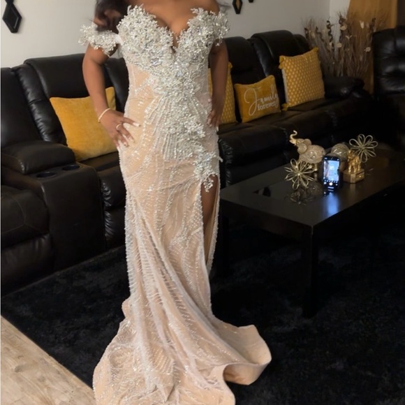 Elegant Silver and Cream Evening Gown